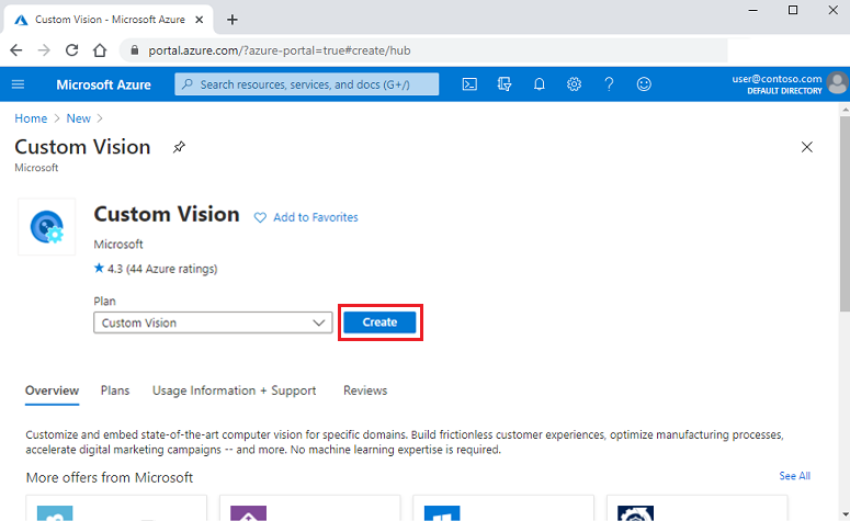 Snímek obrazovky znázorňující hledání šablon prostředků Custom Vision na webu Azure Portal