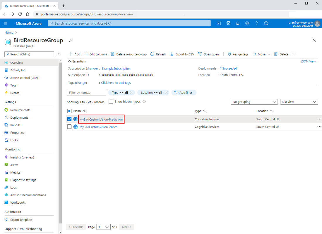 Snímek obrazovky znázorňující, jak otevřít prostředek predikce na webu Azure Portal