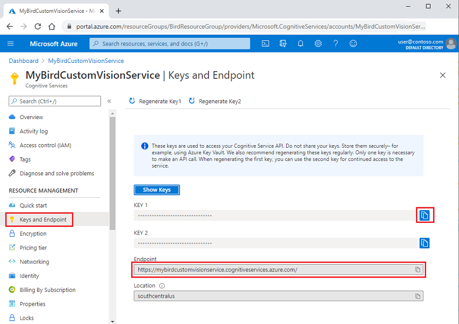 Snímek obrazovky, který zvýrazňuje hodnoty koncového bodu a klíče pro prostředek Custom Vision na webu Azure Portal