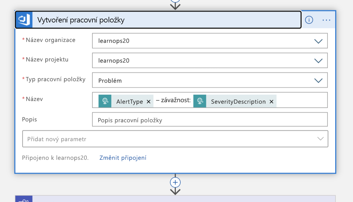 Screenshot of the Create a work item block in Logic App Designer view of the Logic App.