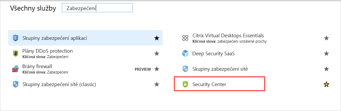 Snímek obrazovky zobrazující podokno Všechny služby se zvýrazněnou možností Defender for Cloud