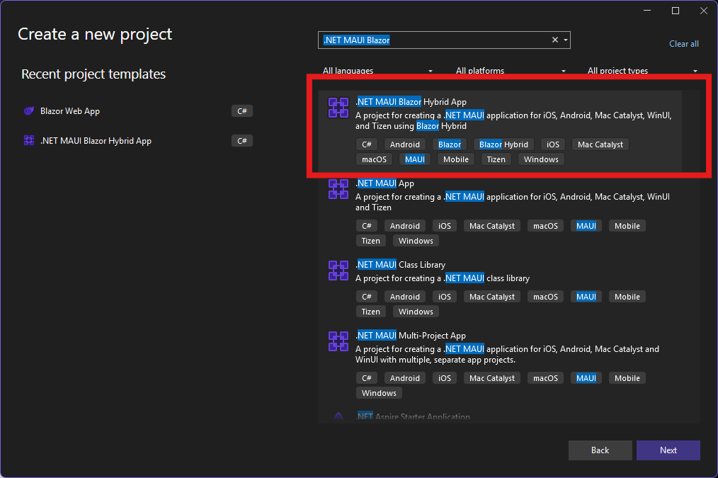 Snímek obrazovky Pro vytvoření nového projektu v sadě Visual Studio 2022 a šablony aplikace .NET MAUI Blazor