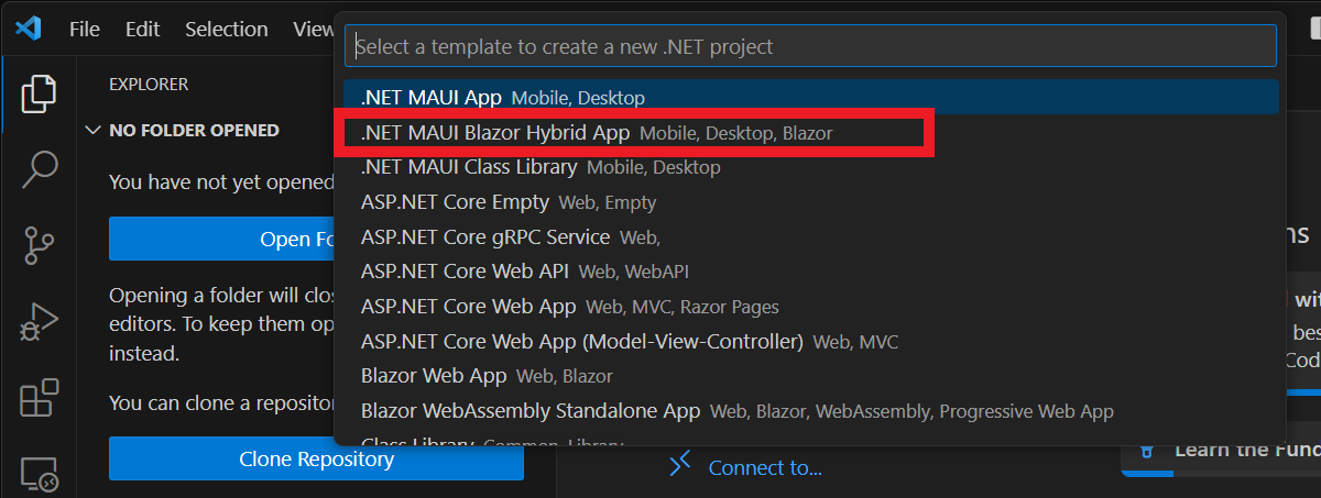 Snímek obrazovky pro vytvoření nového projektu v editoru Visual Studio Code a šablony aplikace .NET MAUI Blazor