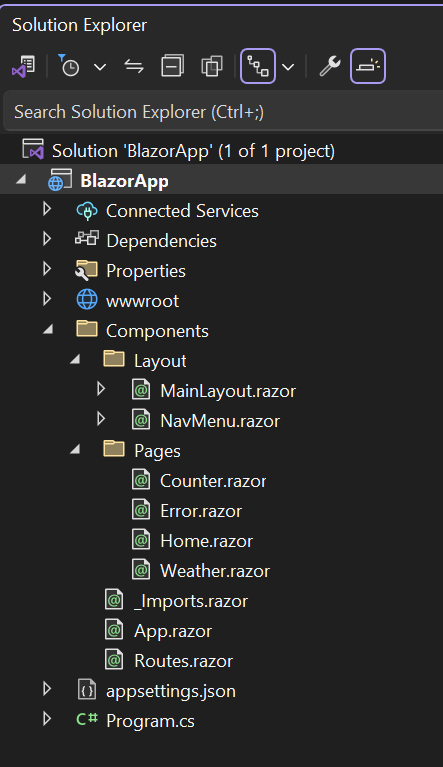 Snímek obrazovky sady Visual Studio 2022 Průzkumník řešení se seznamem souborů ve výchozím projektu Blazor