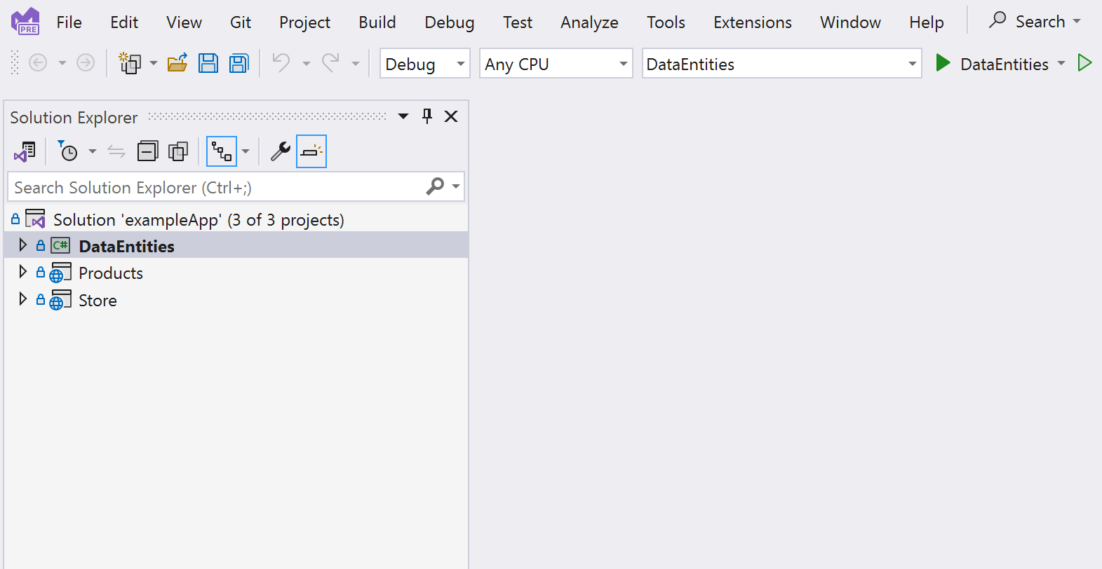 Snímek obrazovky sady Visual Studio zobrazující tři projekty v ukázkovém řešení