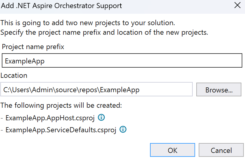 Snímek obrazovky s dialogovým oknem orchestrace v sadě Visual Studio