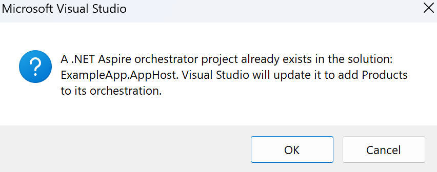 Snímek obrazovky s dialogovým oknem sady Visual Studio Projekt orchestrátoru .NET Aspire již v řešení existuje.