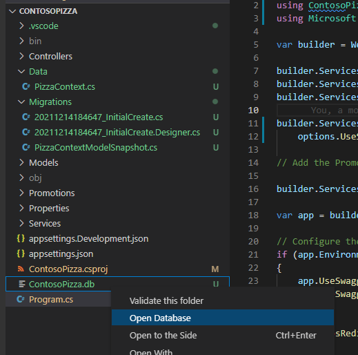 Snímek obrazovky znázorňující možnost nabídky Otevřít databázi v podokně Průzkumník editoru Visual Studio Code