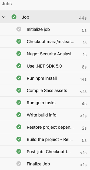 Snímek obrazovky se službou Azure Pipelines zobrazující úplný seznam úloh sestavení