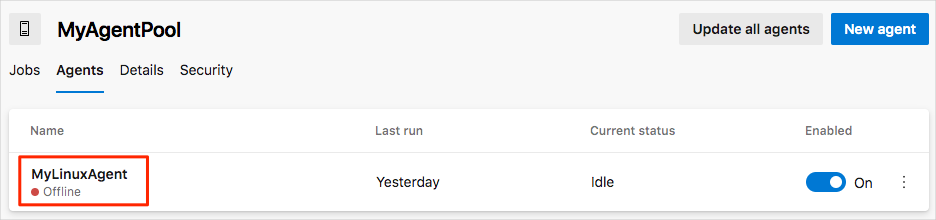 Snímek obrazovky fondu agentů v Azure DevOps znázorňující, že agent sestavení je offline