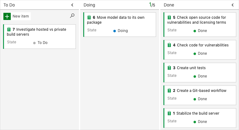 Snímek obrazovky Azure Boards zobrazující kartu ve sloupci Probíhá