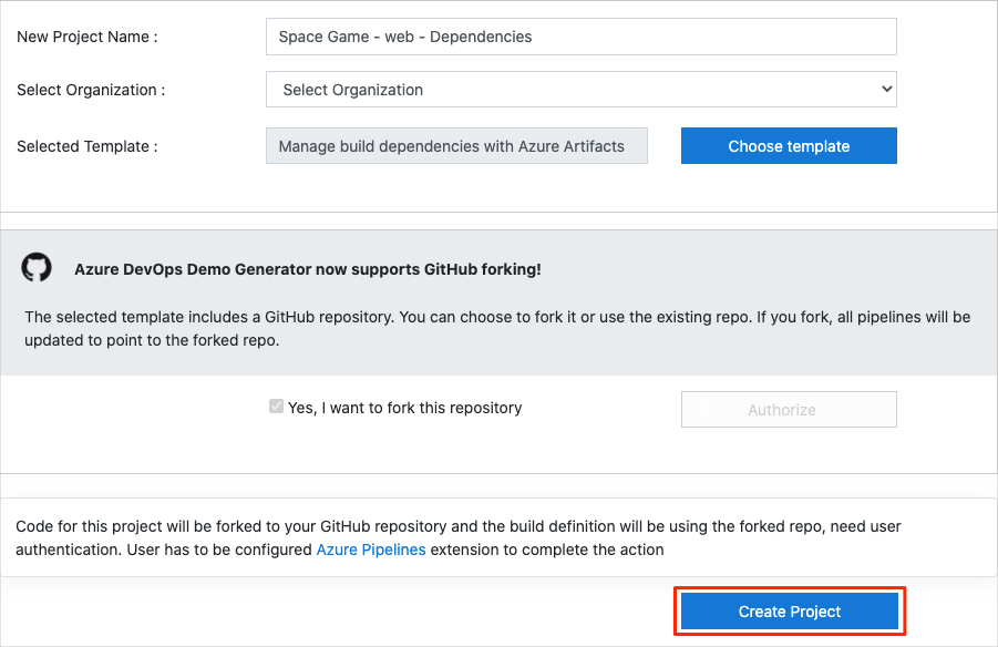 Snímek obrazovky azure DevOps Demo Generator znázorňující, jak vytvořit nový projekt