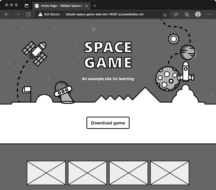 snímek obrazovky prohlížeče, který zobrazuje web Space Game v vývojovém prostředí