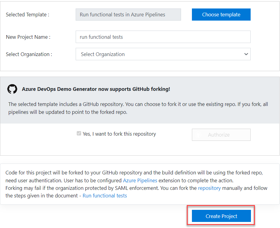 Screenshot of Creating a project through the Azure DevOps Demo Generator.