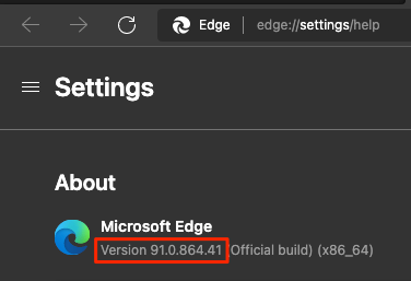 Snímek obrazovky se stránkou nastavení Microsoft Edge zobrazující číslo verze