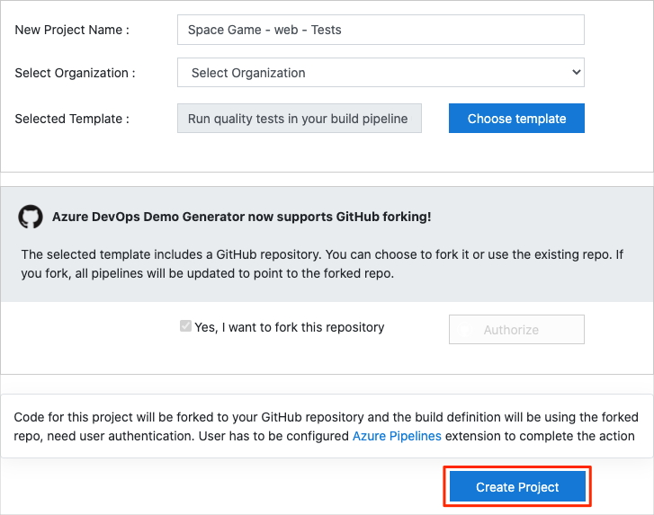 Snímek obrazovky Azure DevOps Demo Generator Create New Project (Vytvořit nový projekt) se zvýrazněným tlačítkem Vytvořit projekt