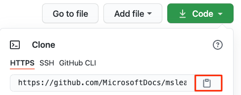 Screenshot that shows how to locate the URL and copy button from the GitHub repository.