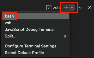 Snímek obrazovky editoru Visual Studio Code znázorňující umístění prostředí Bash