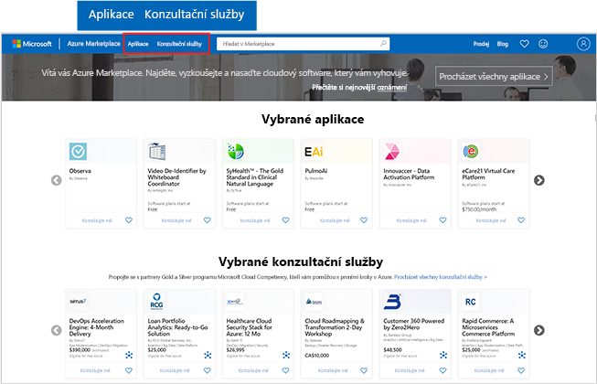 snímek obrazovky domovské stránky Azure Marketplace s důrazem na tlačítka aplikací a konzultačních služeb