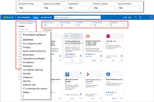 snímek obrazovky s cílovou stránkou aplikací Azure Marketplace se zvýrazněným důrazem na kategorie aplikací a filtry