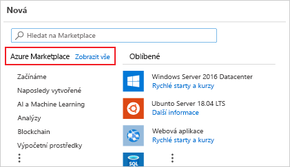 Snímek obrazovky nové stránky prostředků v portálu Azure s Azure Marketplace