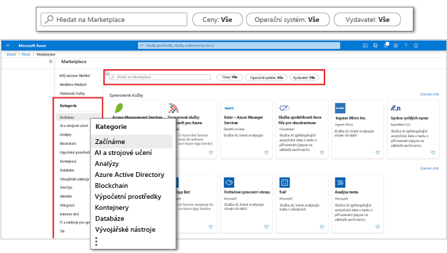 snímek obrazovky Azure Marketplace na webu Azure Portal s důrazem na kategorie aplikací a filtry