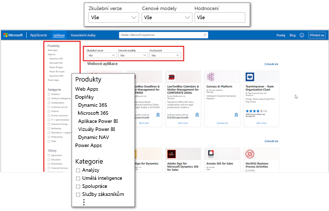 snímek obrazovky s cílovou stránkou aplikací Microsoft AppSource se zvýrazněnou kategorií aplikací a filtry