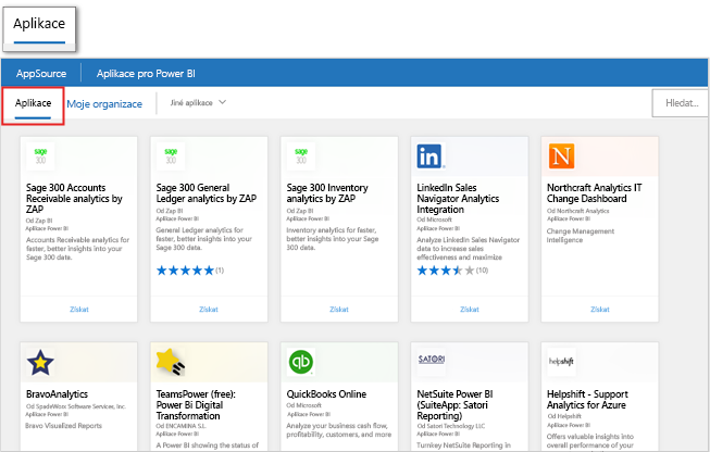 snímek obrazovky produktů Microsoft AppSource ze stránky Získat aplikace v Power BI