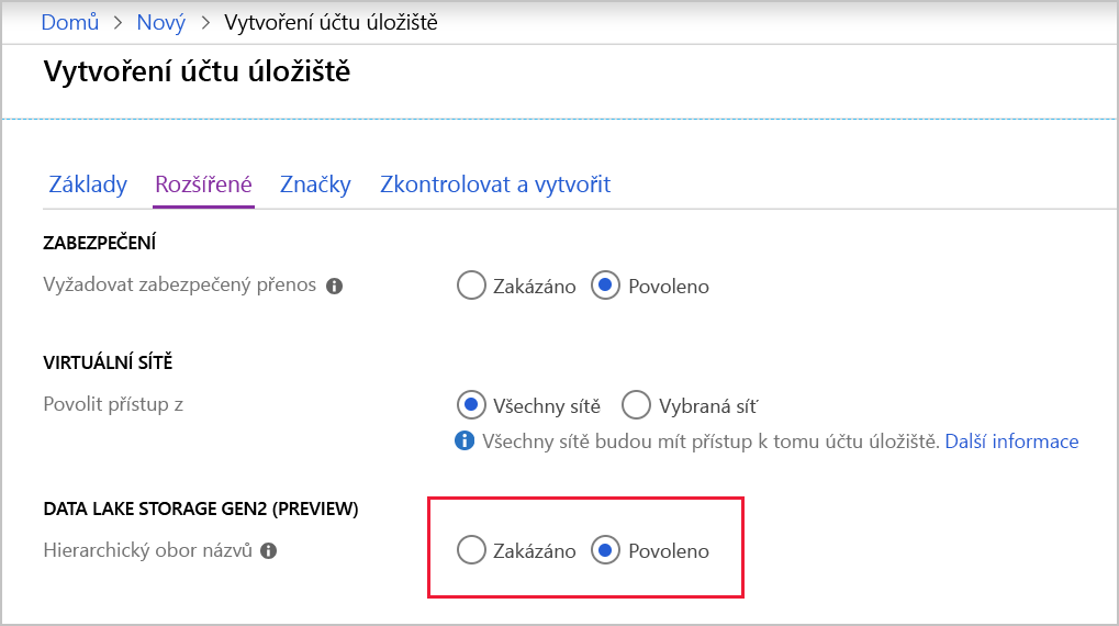 Snímek obrazovky s upřesňujícím nastavením při vytváření účtu úložiště