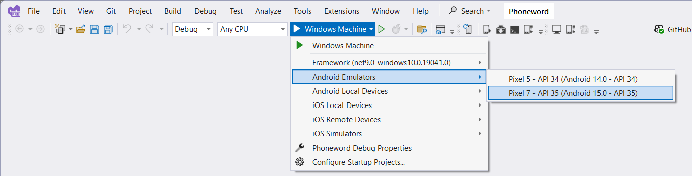 Snímek obrazovky s panelem nástrojů sady Visual Studio Uživatel zadal pixel 7 s profilem rozhraní API 35 pro emulátor Android, aby se spustilo ladění.