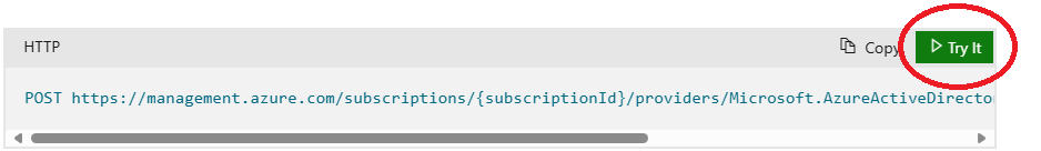  Snímek obrazovky s tlačítkem Try it highlighted in the right side of the HTTP request code header. Požadavek HTTP zkontroluje dostupnost a platnost názvu domény pro tenanta. 