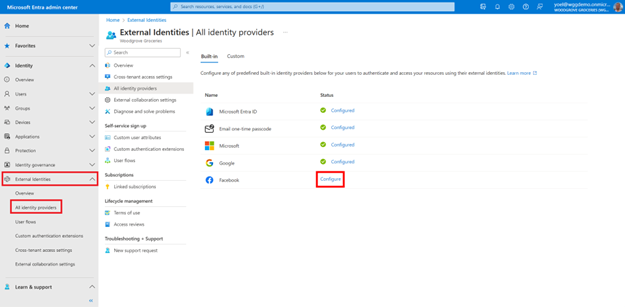 Snímek obrazovky s oknem Externí identity Všechny zprostředkovatele identity se zvýrazněným odkazem Konfigurovat vedle Facebooku v seznamu možností zprostředkovatele identity