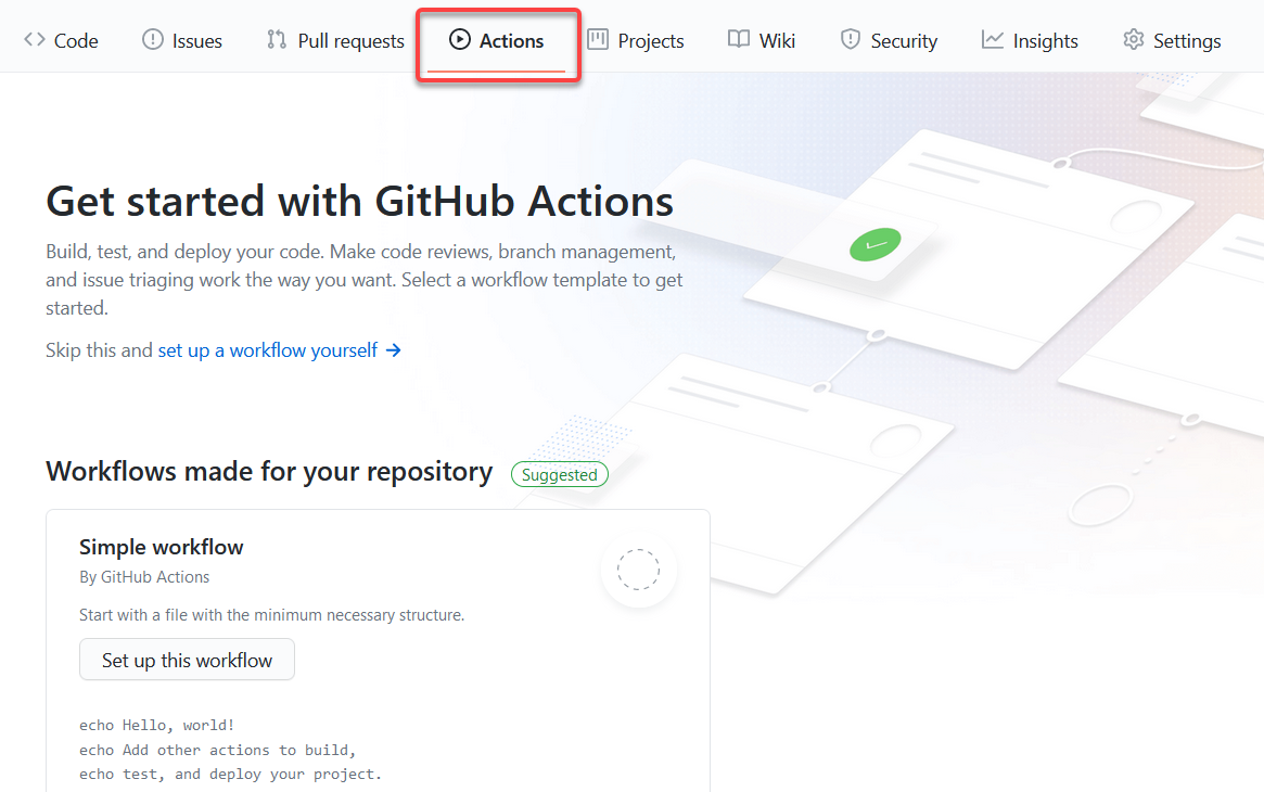 Snímek obrazovky s kartou *Actions* v GitHub Actions zobrazující jednoduchý pracovní postup a tlačítko pro nastavení tohoto pracovního postupu