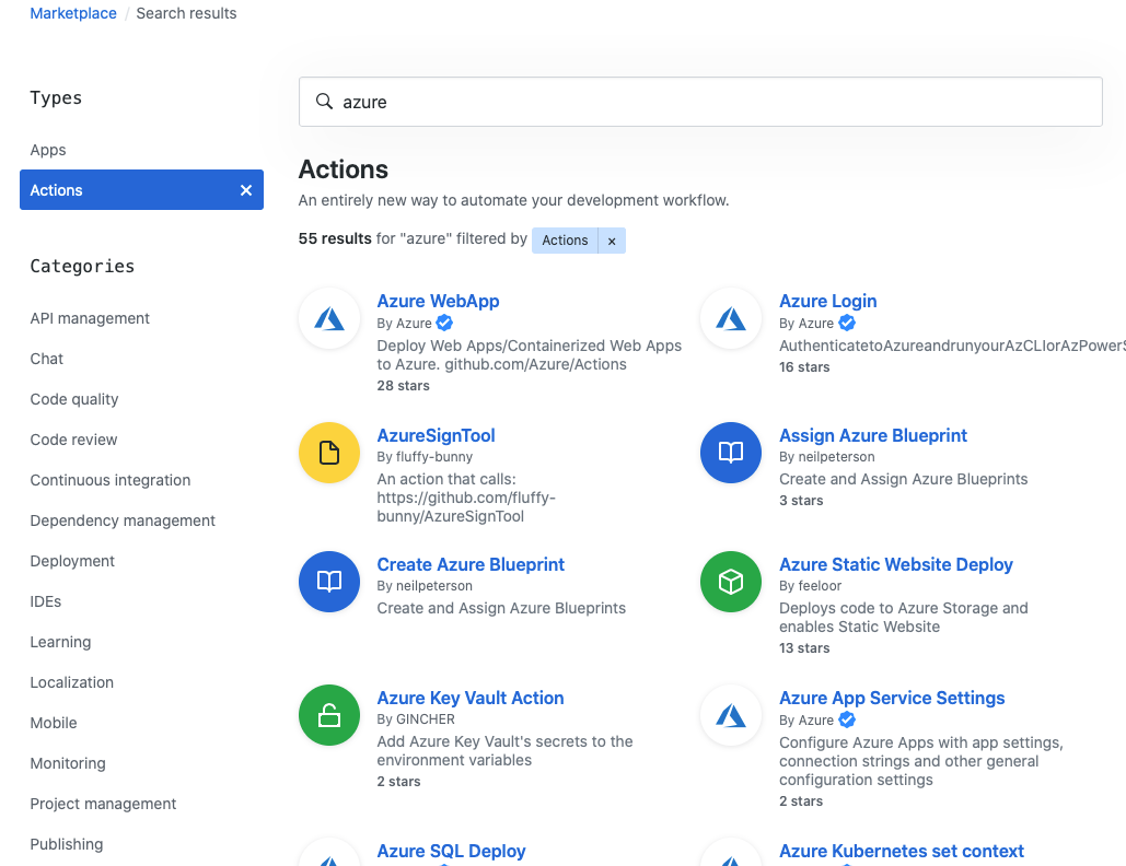 GitHub Marketplace s výsledky hledání pro Azure