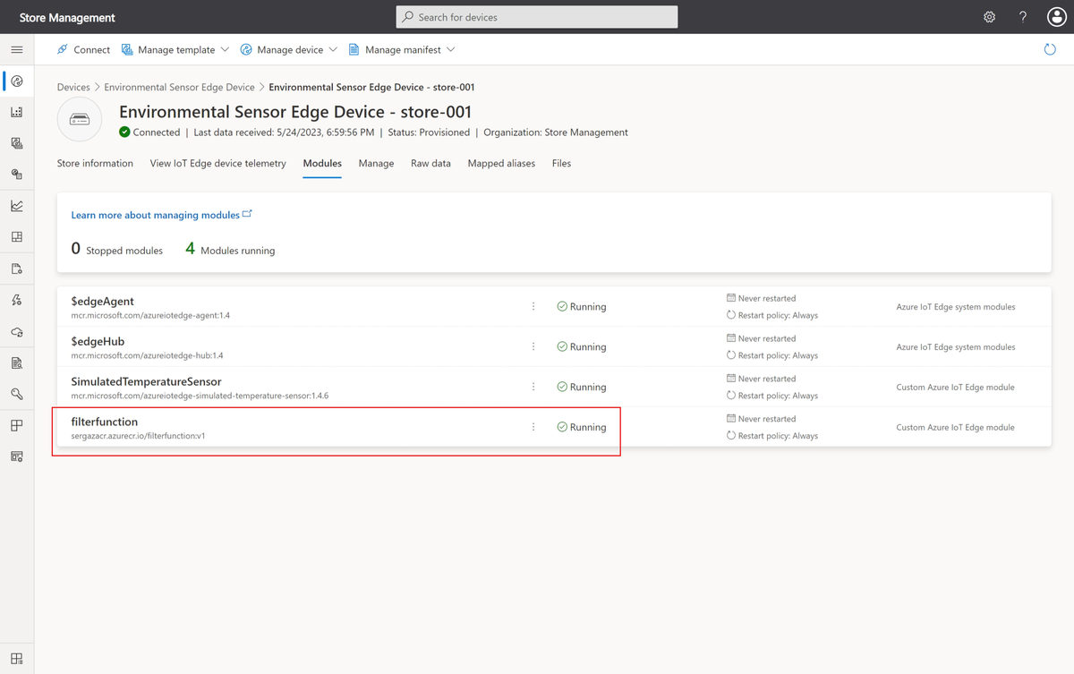 Snímek obrazovky znázorňující modul FilterFunction spuštěný na zařízení IoT Edge