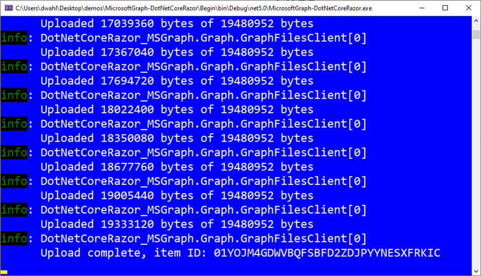 Terminal window displaying uploaded file details.