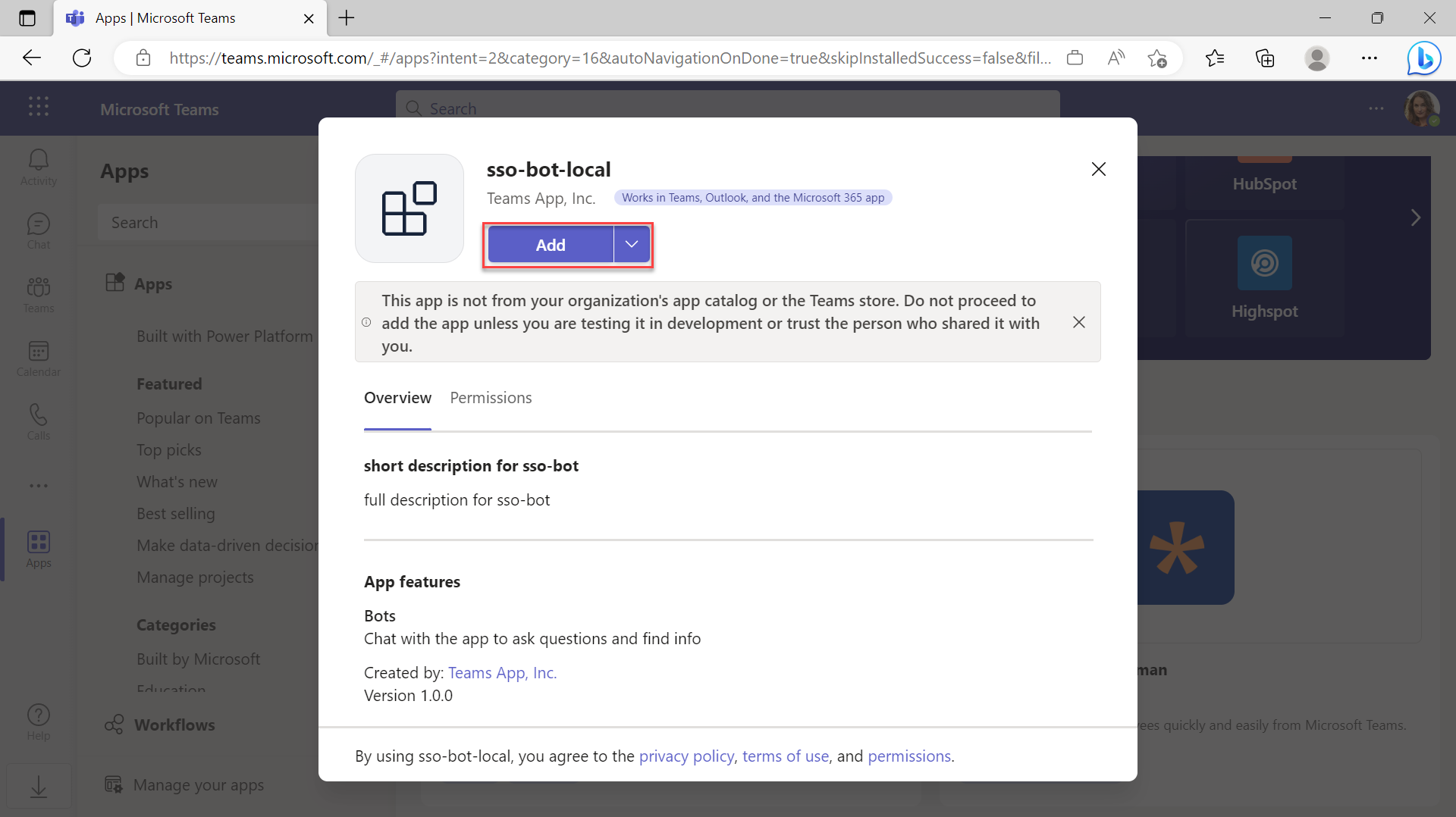 Screenshot of adding a Teams app to a preview on Microsoft Teams.