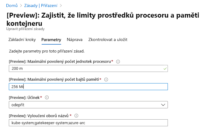 Screenshot that shows the information captured in the Parameters tab.