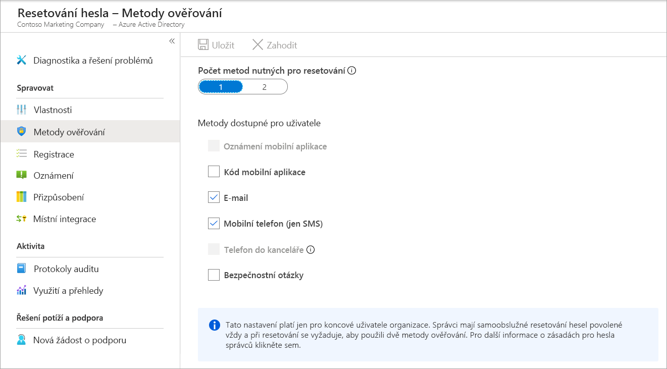 Snímek obrazovky s vybranou možností Metody ověřování na panelu pro resetování hesla zobrazující panel s možnostmi ověřování