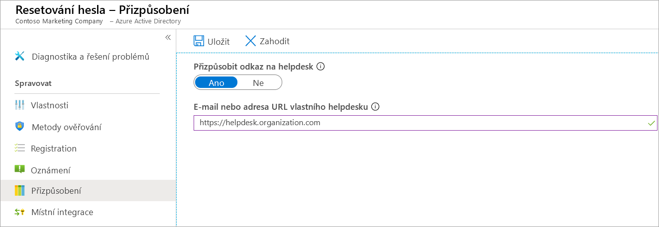 Snímek obrazovky s vybranou možností Přizpůsobení na panelu pro resetování hesla zobrazující panel s možnostmi helpdesku