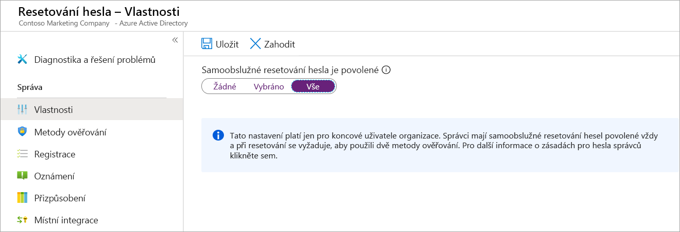 Snímek obrazovky s konfiguračním panelem Resetování hesla Je vybraná možnost Vlastnosti, která umožňuje uživateli povolit samoobslužné resetování hesla.