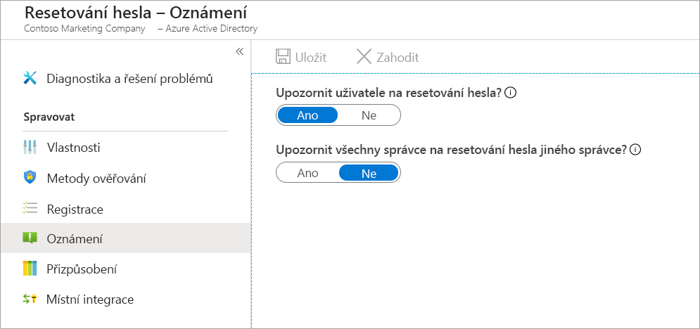 Snímek obrazovky s vybranou možností Oznámení na panelu pro resetování hesla zobrazující panel s možnostmi oznámení