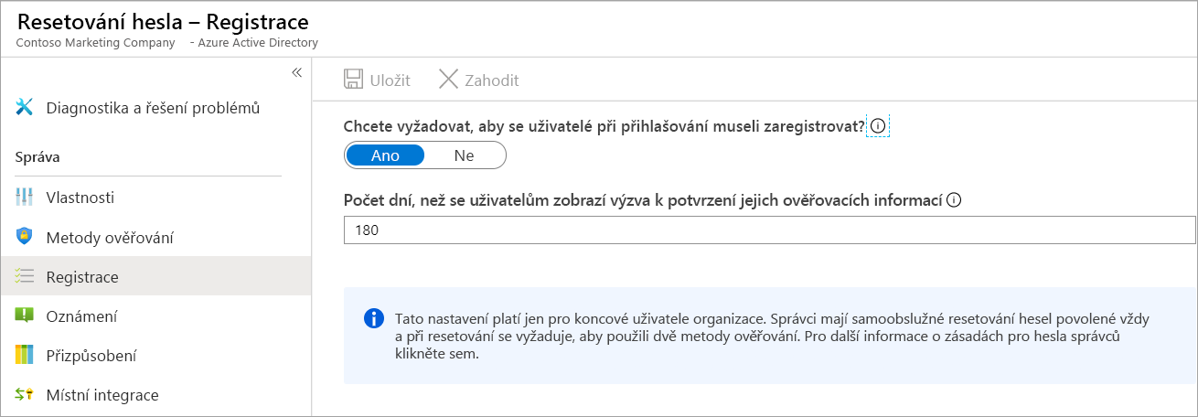 Snímek obrazovky s vybranou možností Registrace na panelu pro resetování hesla zobrazující panel s možnostmi registrace