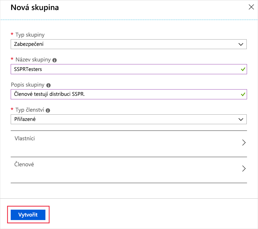 Snímek obrazovky znázorňující vyplněný formulář nové skupiny a zvýrazněné tlačítko Vytvořit