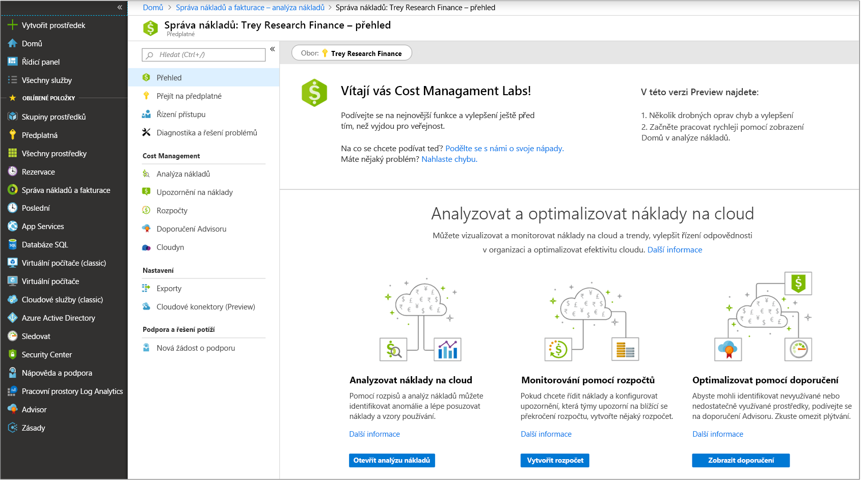 Snímek obrazovky s webem Azure Portal nastaveným na přehledový panel pro Cost Management z postranní navigace Správa nákladů a fakturace