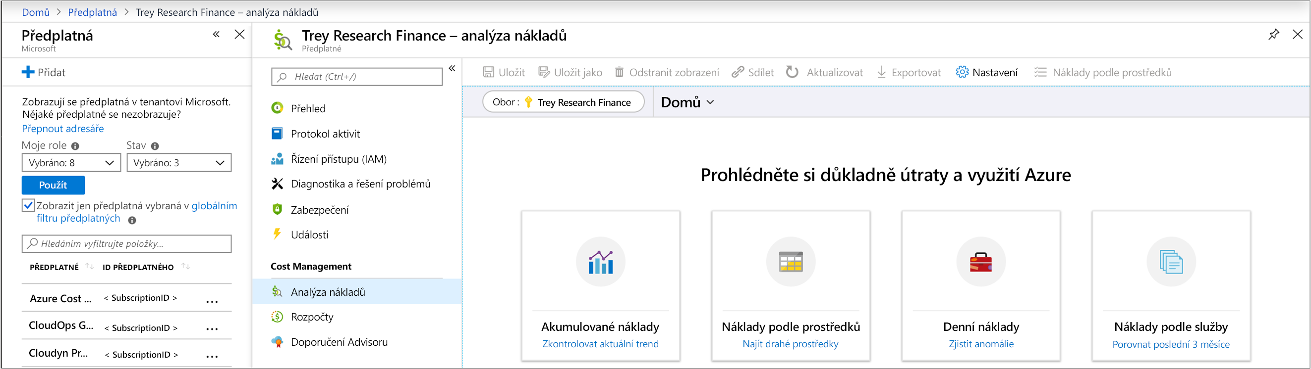 Snímek obrazovky s webem Azure Portal nastaveným na panel Analýza nákladů pro dané předplatné