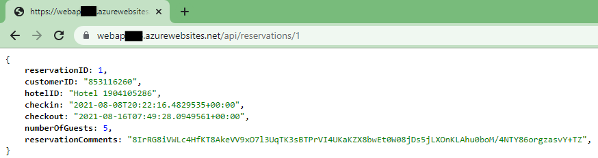 Snímek obrazovky se spuštěnou webovou aplikací zobrazující podrobnosti rezervace číslo 1 ve formátu JSON