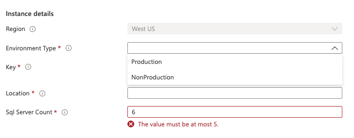 Screenshot that shows the Azure portal interface for entering parameter values for a template spec deployment.