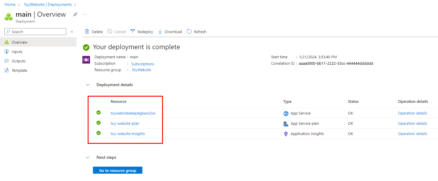 snímek obrazovky s podoknem přehledu nasazení na webu Azure Portal pro hlavní nasazení, s plánem služby App Service a aplikací a uvedenou instancí Application Insights