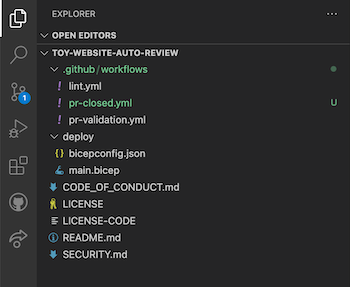 Snímek obrazovky editoru Visual Studio Code, který zobrazuje soubor P R uzavřený dot Y M L ve složce pracovních postupů